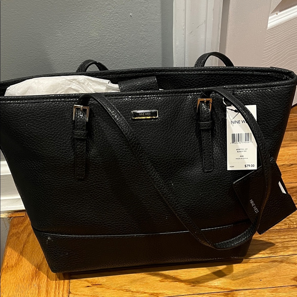 Nine West Black Pebbled Tote with Gold Hardware
